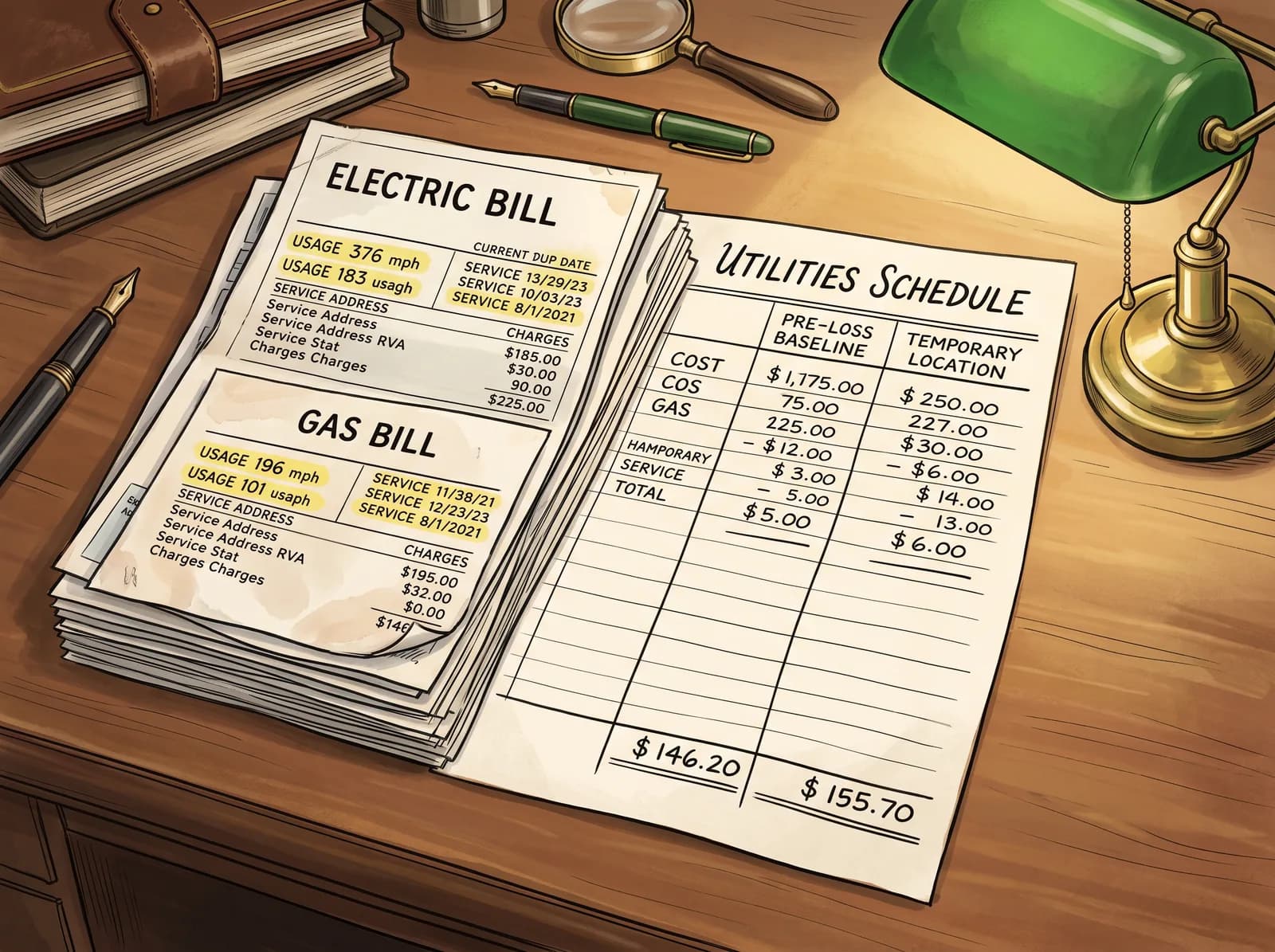 Utility bill reconciliation: electric and gas bills compared to a pre-loss baseline schedule